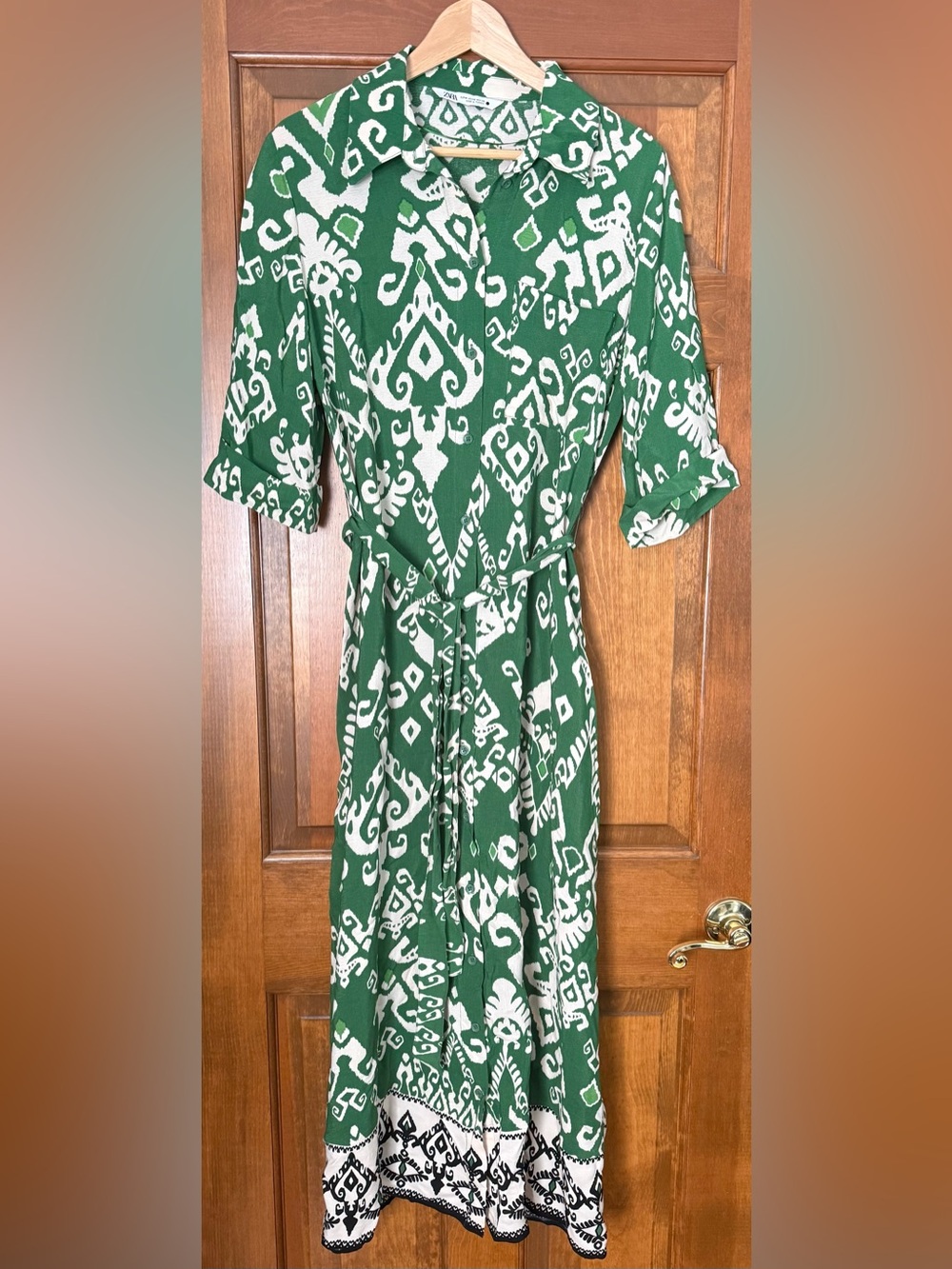 Zara Green and White Printed Maxi Shirt Dress sz Medium